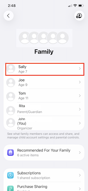 Your child's Apple Family profile