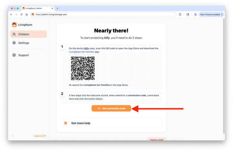 Click 'Get connection code' to generate the PIN needed to connect your child's device