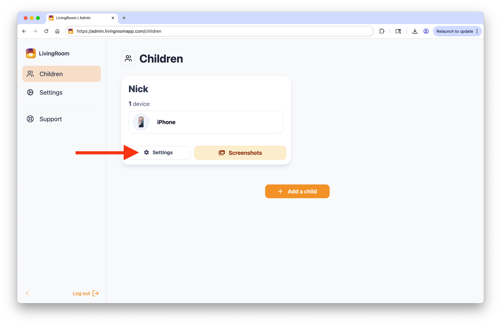 Click 'Settings' for your child